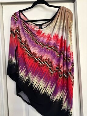 Bisou Bisou Red Purple Black Abstract Print One-Shoulder Blouse